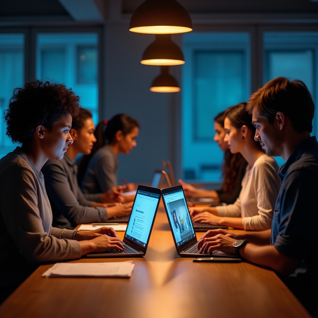 Účastníci sledují online webinář na noteboocích v kanceláři
